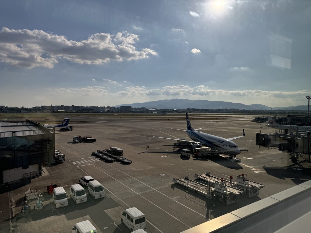 出発前、空港の駐機場に並ぶANA機