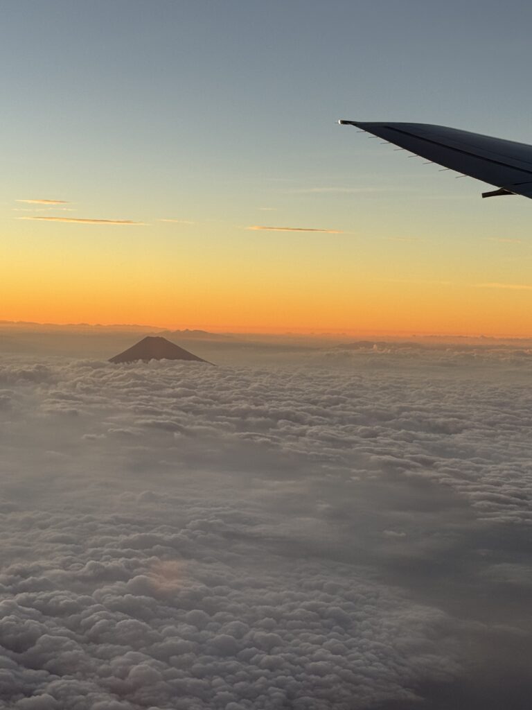 機窓から見た夕焼けの雲海と富士山