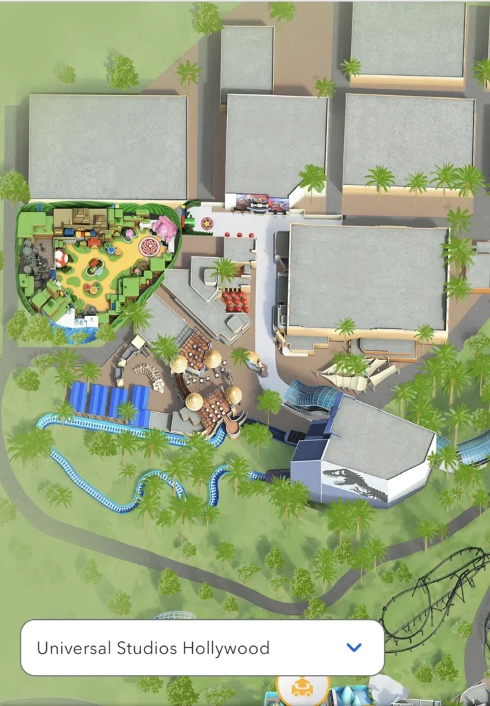 Lower Lot側。SUPER NINTENDO WORLD、Jurassic World、Mummy、TRANSFORMERSなど人気アトラクションが集まっています。