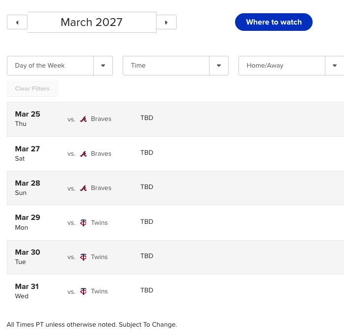 2027年3月25日から31日までのドジャース本拠地開幕週の日程