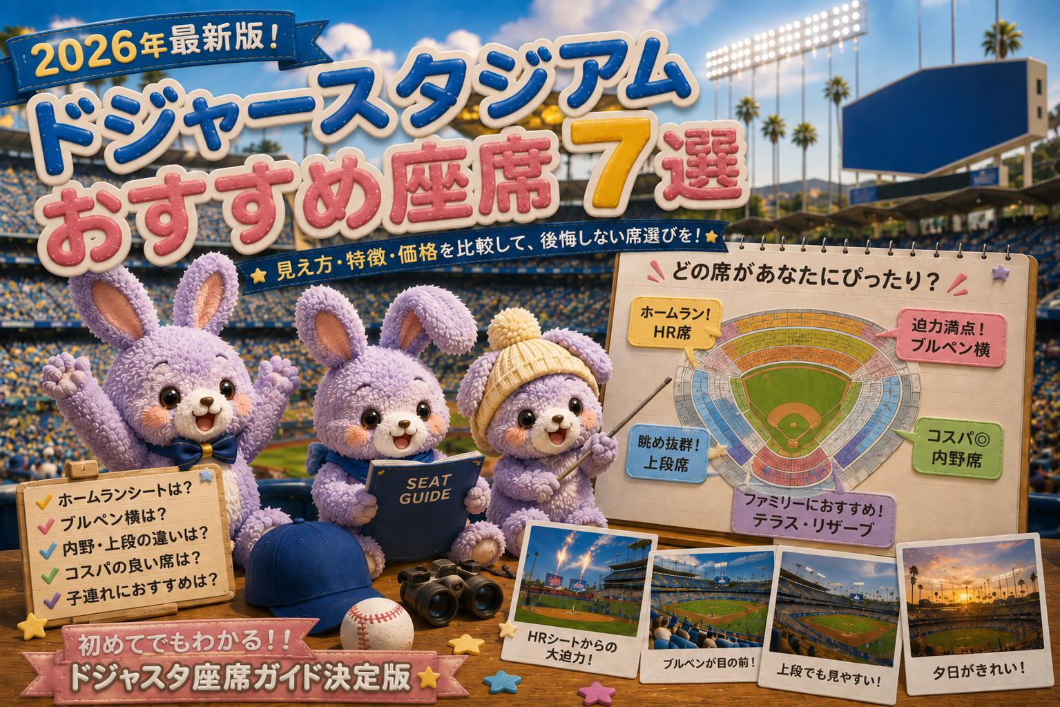 ドジャースタジアムの座席の種類とおすすめ7選|実際に座った見え方・価格・食事