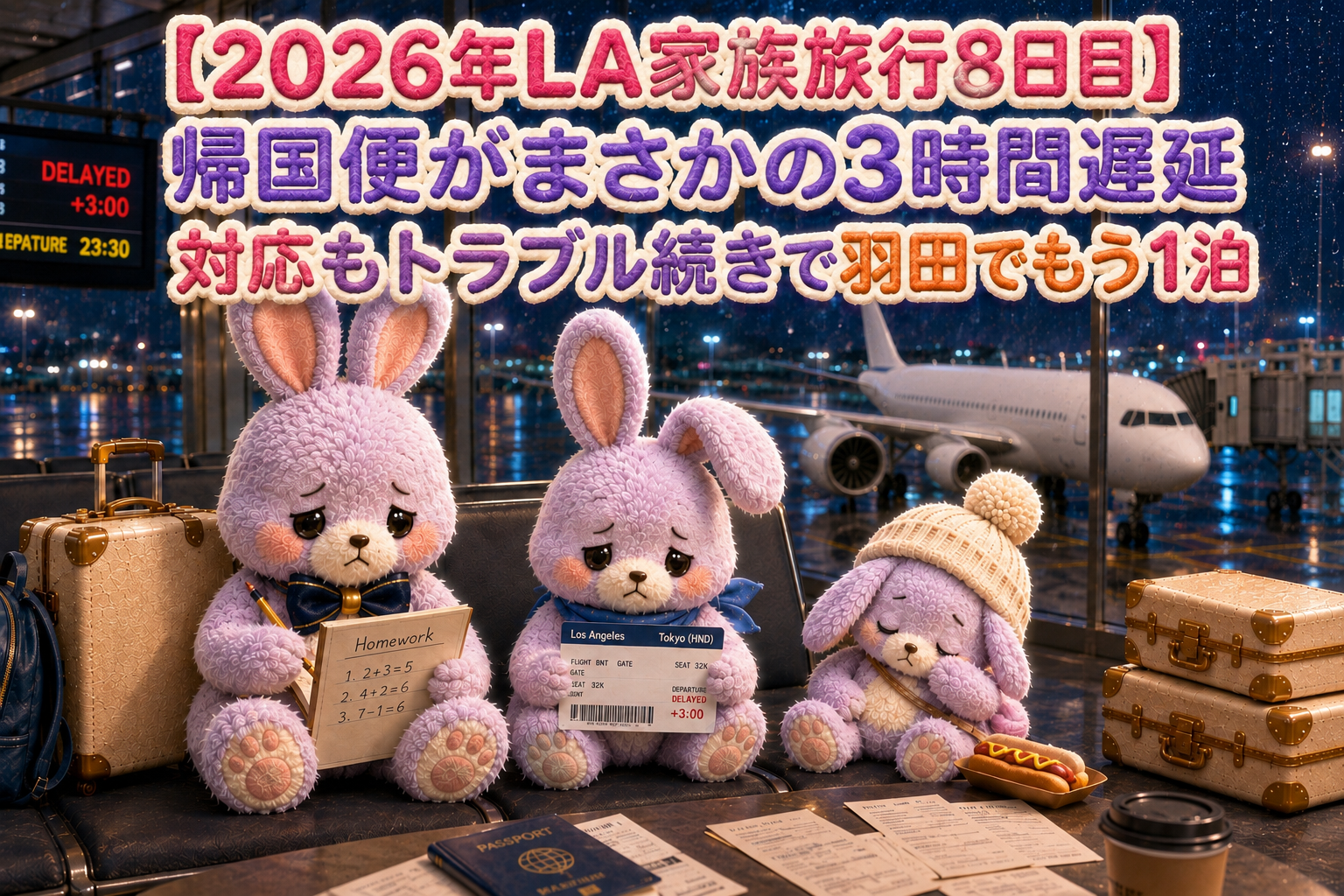 【2026年LA家族旅行8日目】ANAの帰国便がまさかの3時間遅延|ANAの対応もトラブル続きで羽田でもう1泊、帰宅は翌日の深夜に