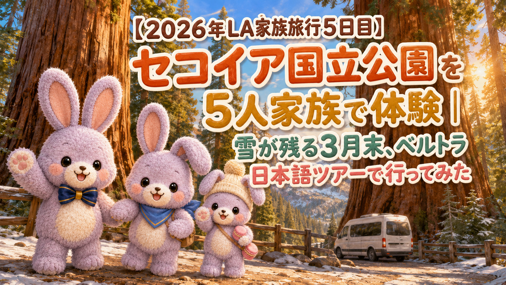 【2026年LA家族旅行5日目】セコイア国立公園を5人家族で体験|雪が残る3月末、ベルトラ日本語ツアーで行ってみた