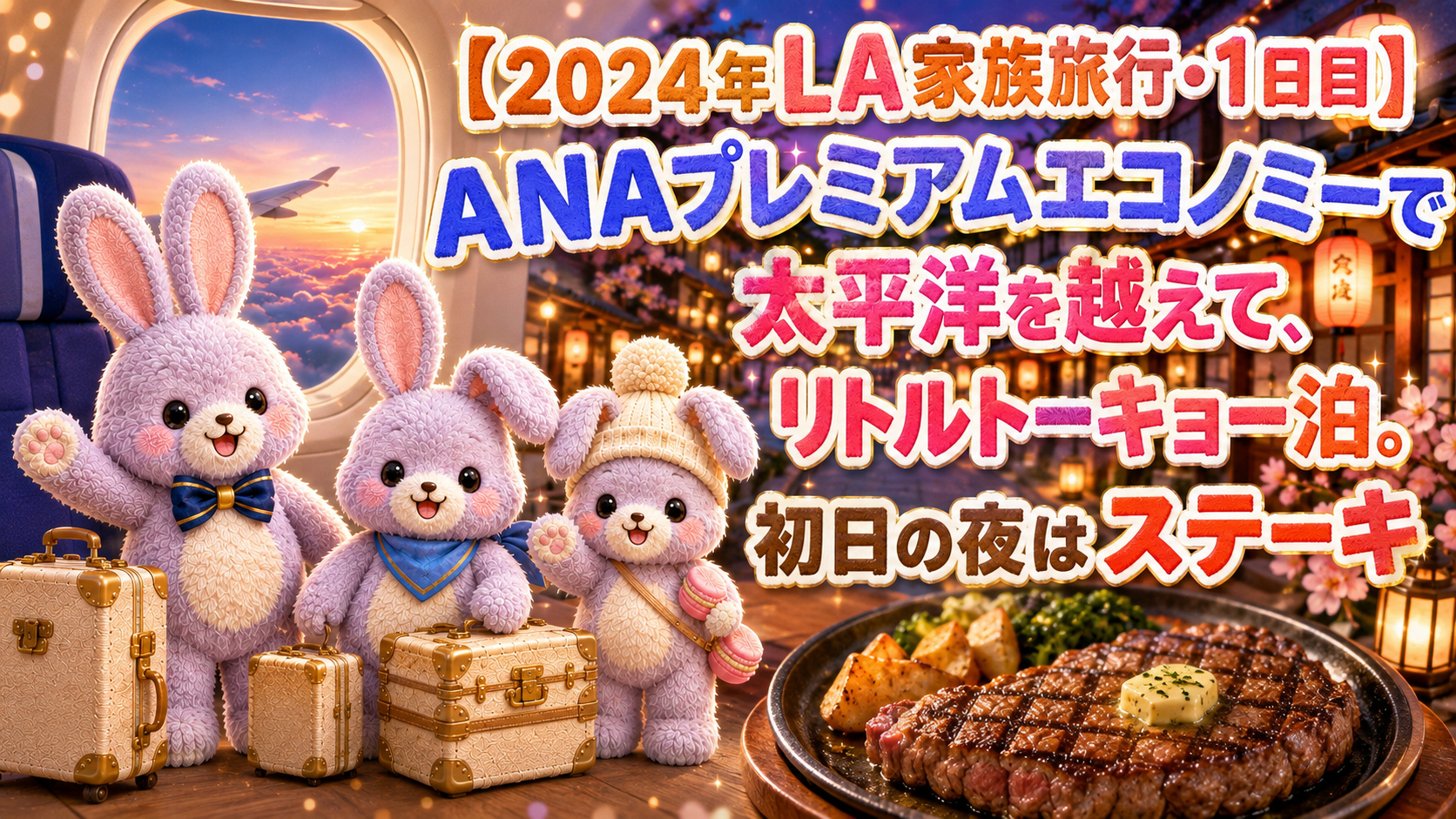 【2024年LA家族旅行・1日目】ANAプレミアムエコノミーで太平洋を越えて、リトルトーキョー泊。初日の夜はステーキ