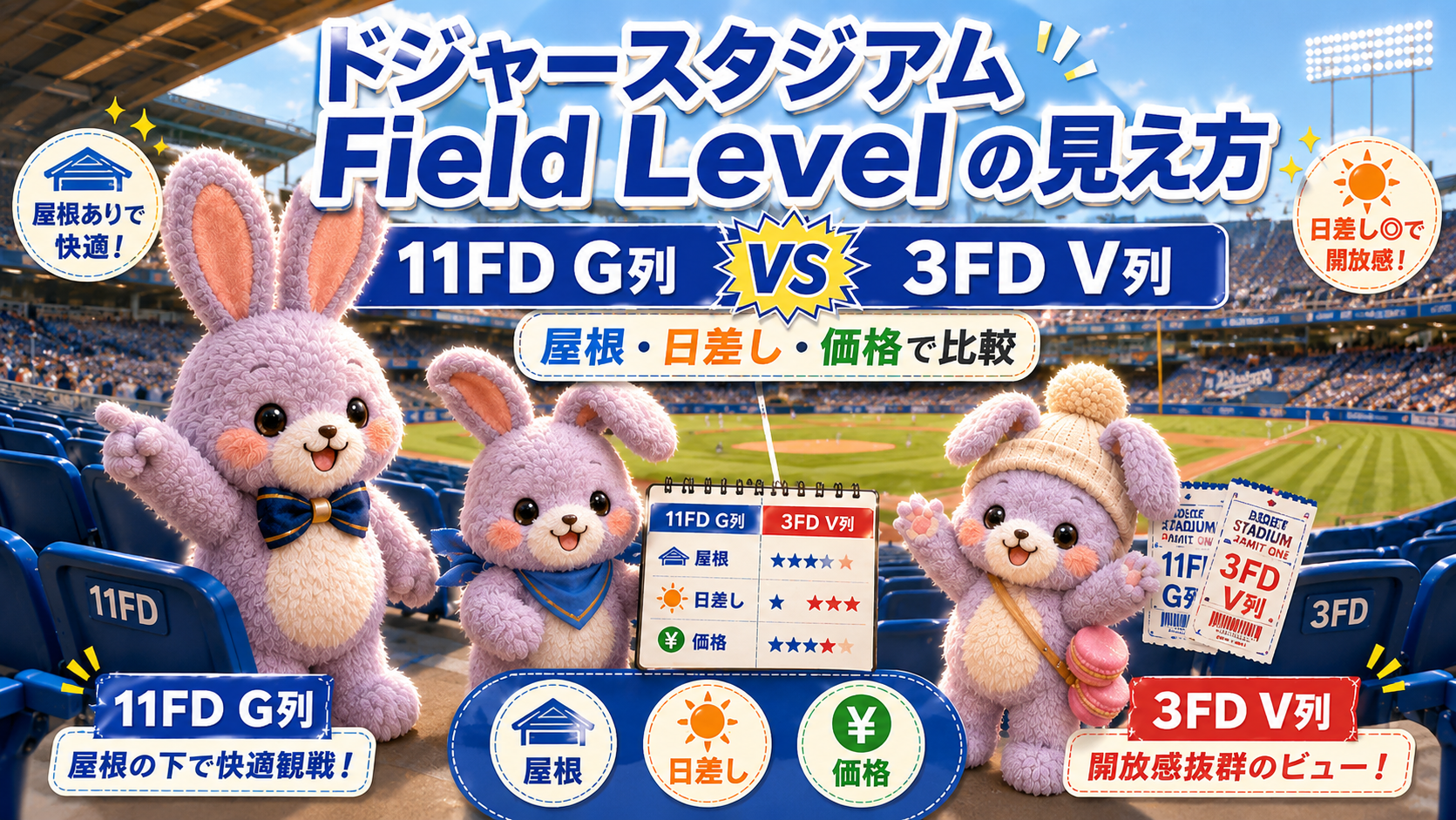 ドジャースタジアムField Levelの見え方|11FD G列と3FD V列を屋根・日差し・価格で比較