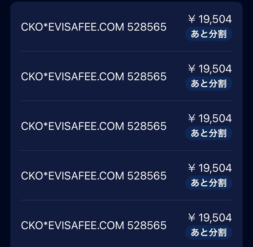 実際のカード明細。加盟店名は掲載用に非表示にしています。19,504円が5件並びました。