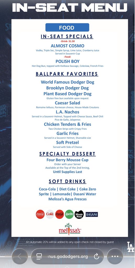 ドジャースタジアム Baseline Club|まだ食べる。座席でも注文できる