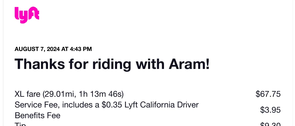 2024年8月にアナハイムからドジャースタジアムへLyft XLで移動した実際の料金明細