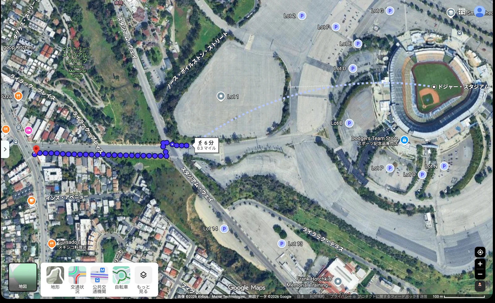 ドジャースタジアムからSunset Boulevard方面のUber乗車地点まで歩いたルート図