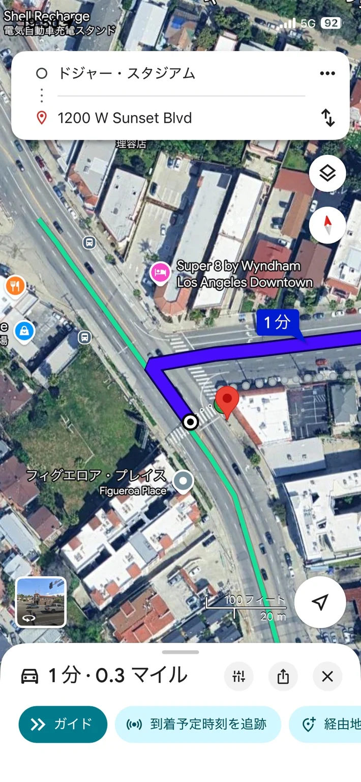 ドジャースタジアム帰りにUberやLyftを待つT字路付近の地図