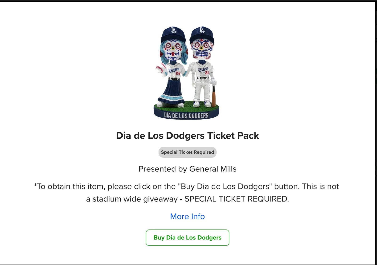 Día de Los Dodgersの限定グッズは専用チケットが必要と表示された案内画面