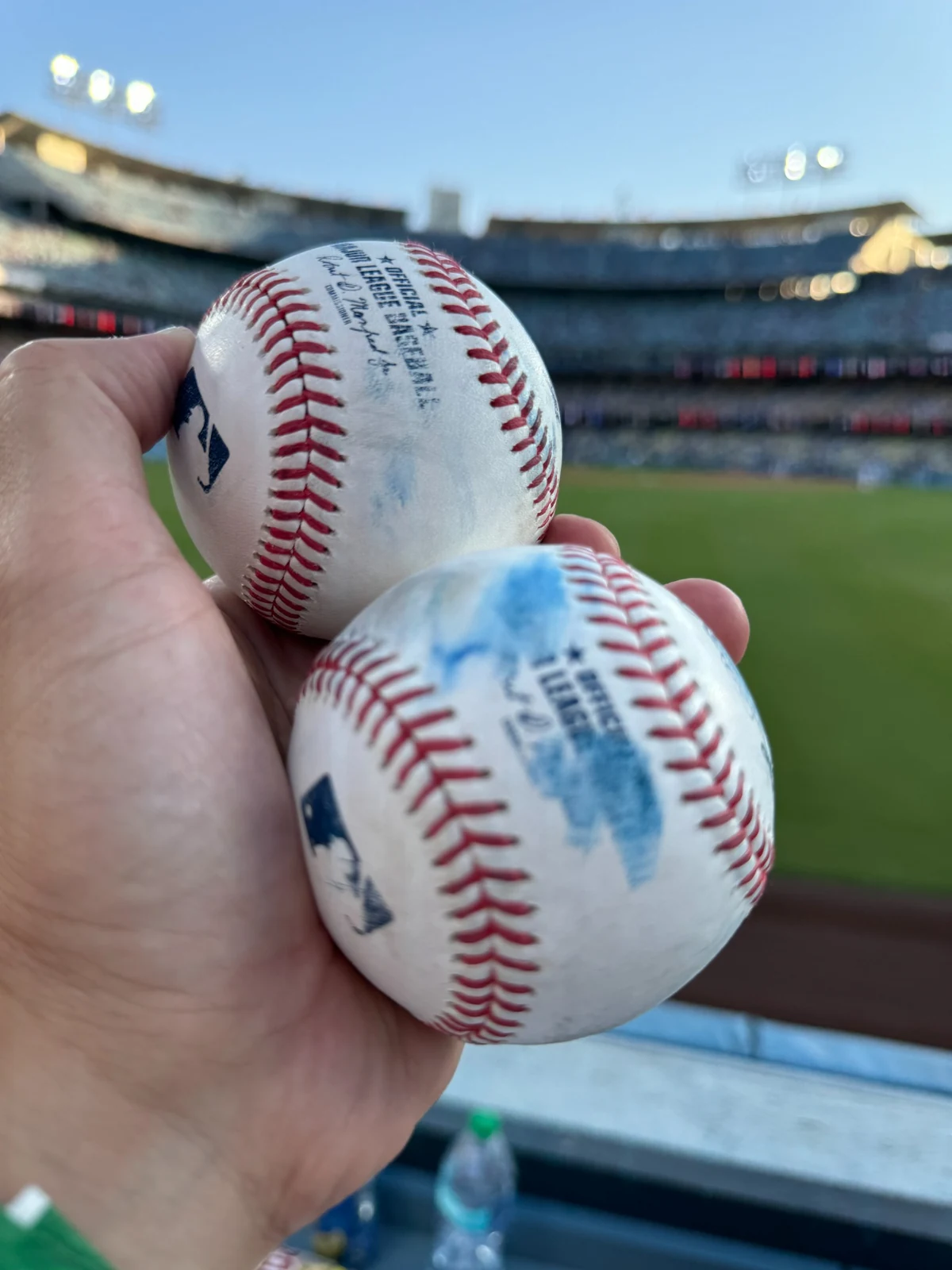 ドジャースタジアムの外野を背景に手に持った2個の使用済み野球ボール