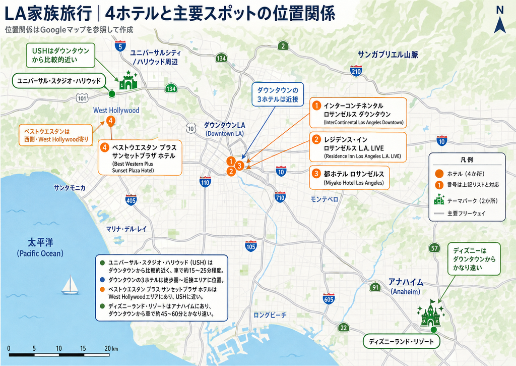 LA家族旅行で利用した4ホテルと主要スポットの位置関係