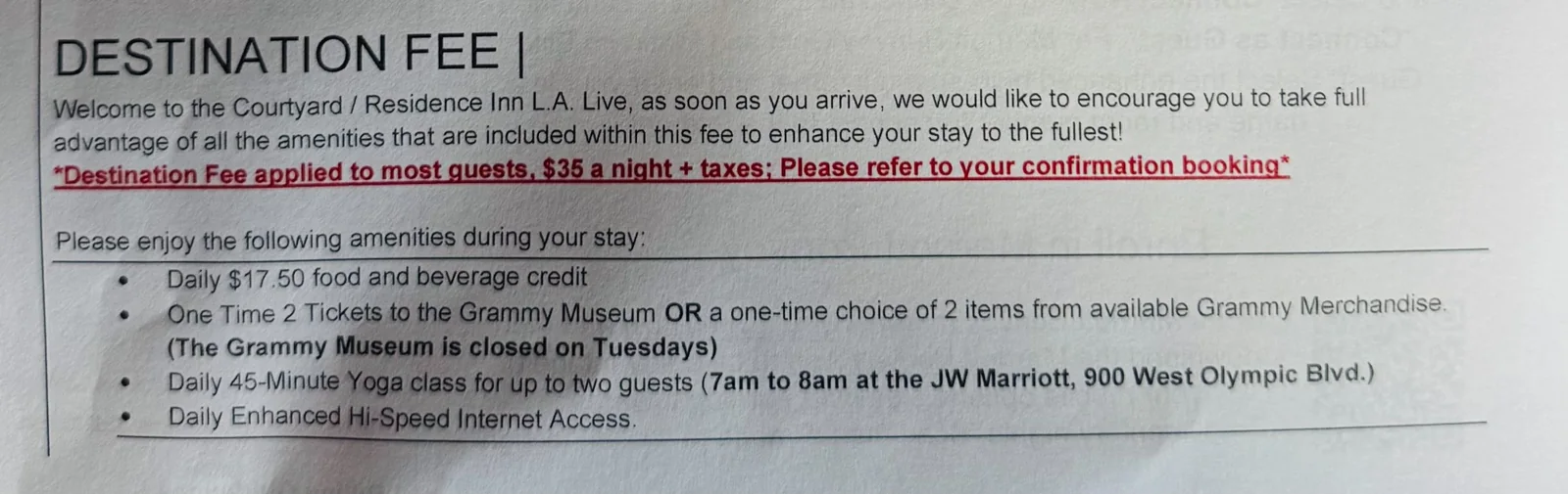 Residence Inn Los Angeles L.A. LIVEで渡されたDestination Feeの案内