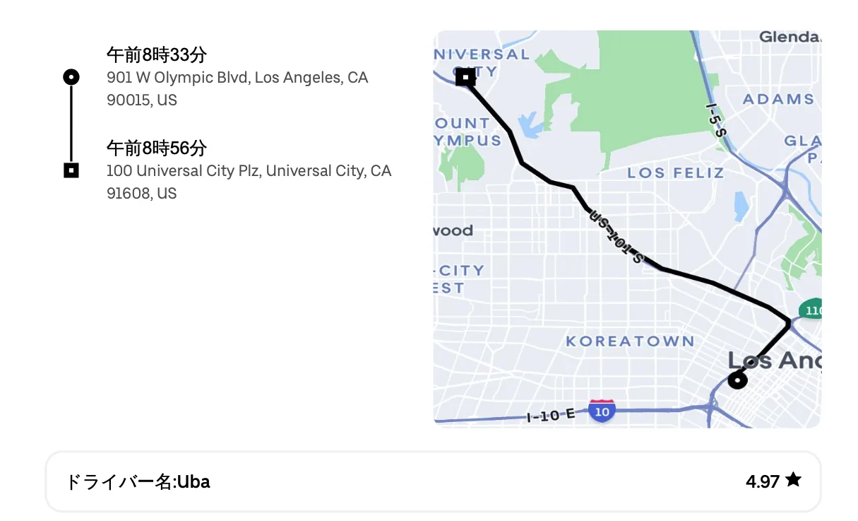 2026年3月27日朝、Residence Inn周辺からUniversal Studios HollywoodまでUberXLで移動した実乗車記録。8時33分出発、8時56分到着