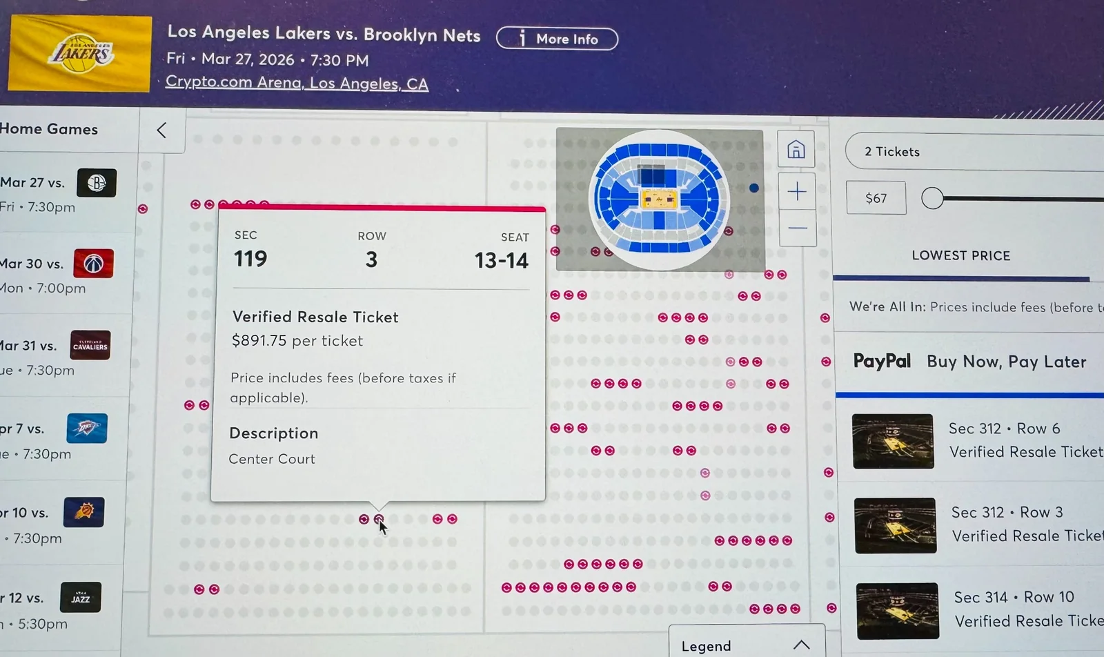 Lakers公式チケットサイトでSection 119周辺の販売状況とリセール席を確認していた座席マップ