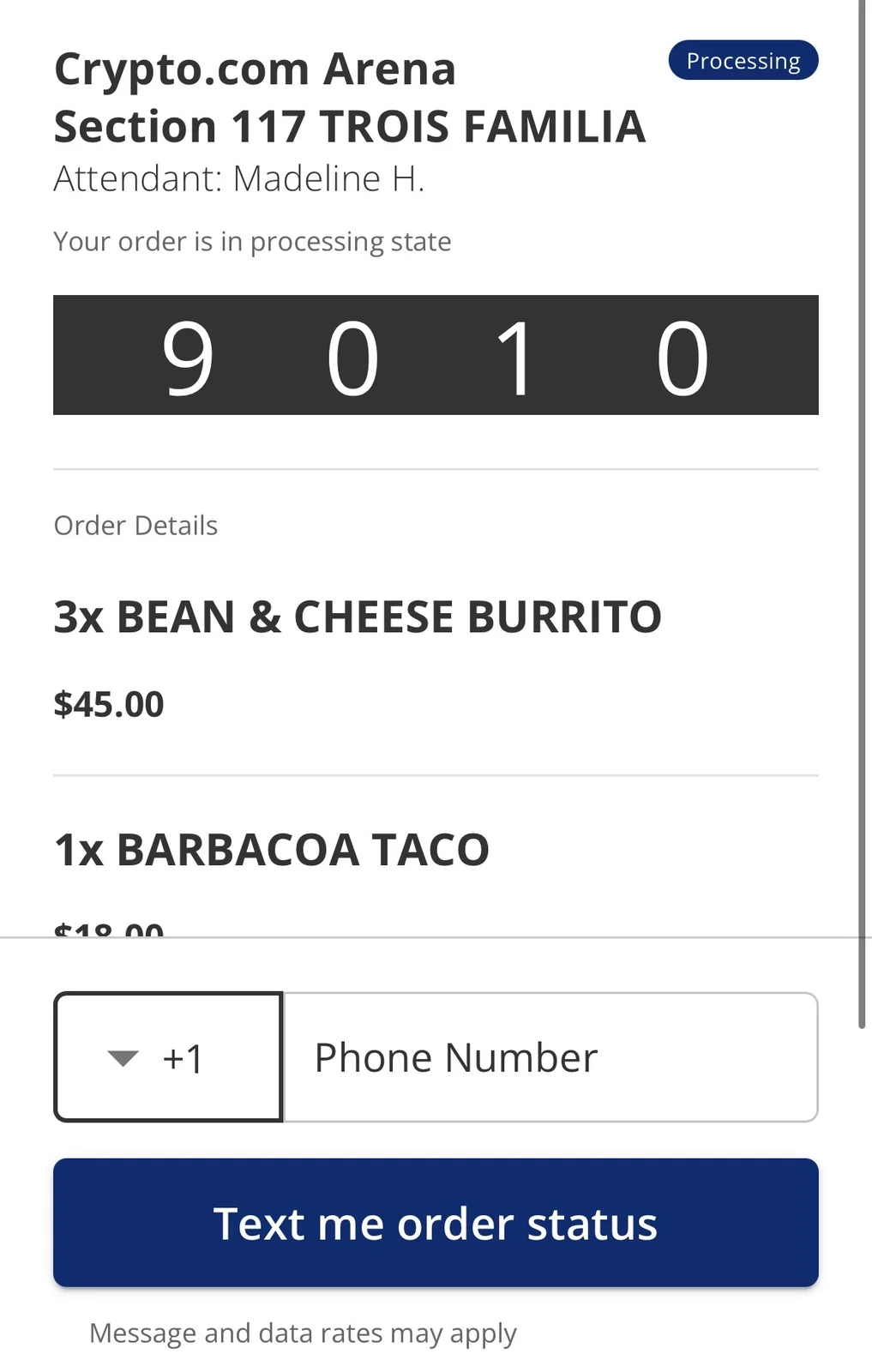 Crypto.com Arenaの売店でスマホから注文したモバイルオーダー画面。Bean and Cheese BurritoやBarbacoa Tacoを注文