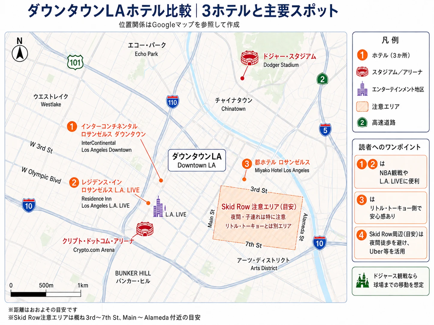 Miyako Hotel Los AngelesとSkid Row注意エリアの位置関係を示したダウンタウンLA地図