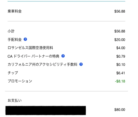 ロサンゼルス市内からLAXまでのUberXL料金明細。支払い総額80ドル