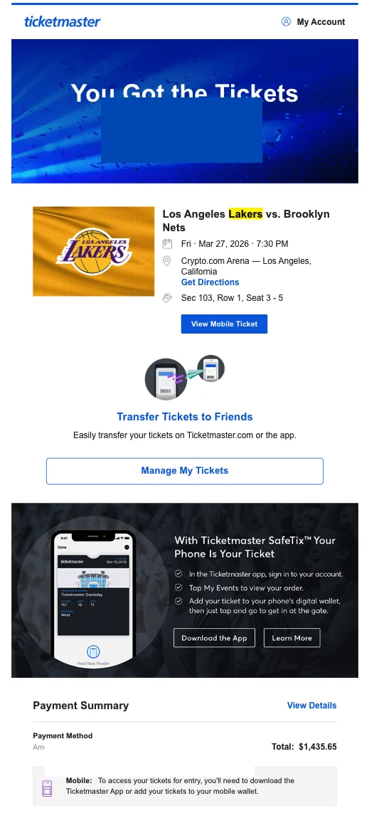 Los Angeles Lakers対Brooklyn Netsの公式Ticketmaster Section103 Row1 3席購入画面