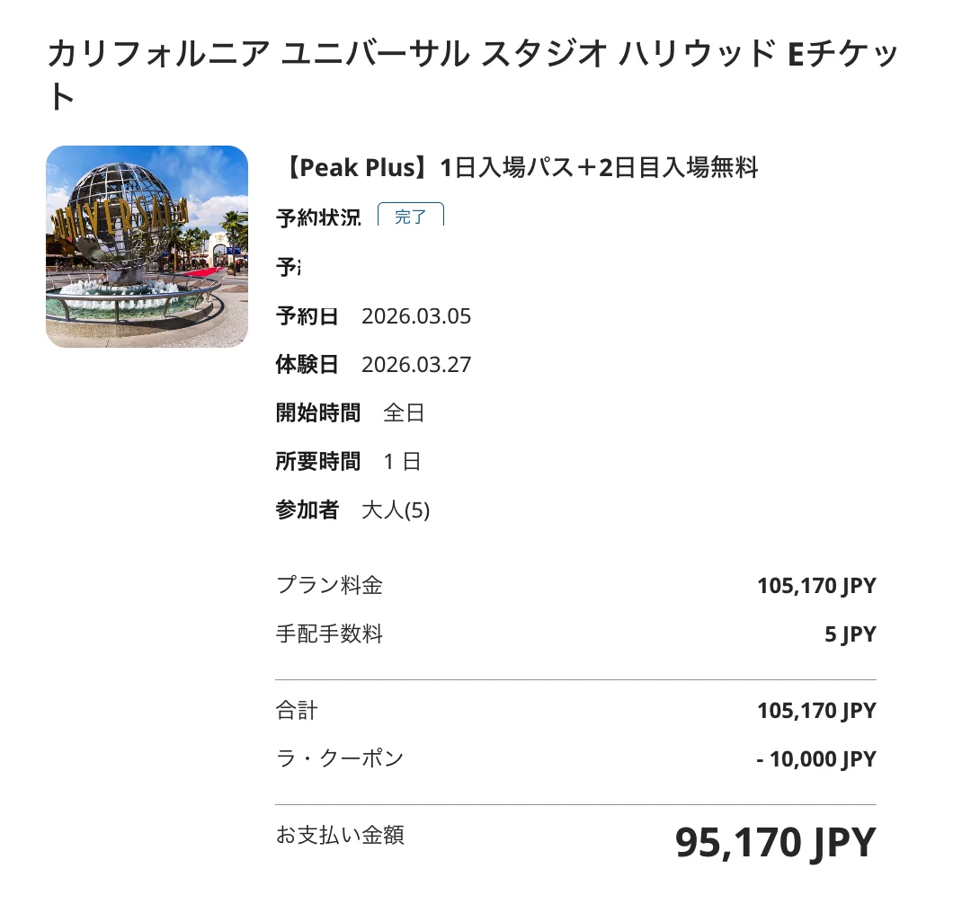Universal Studios Hollywood Peak Plus 1日入場パスと2日目無料 家族5人95170円の購入明細
