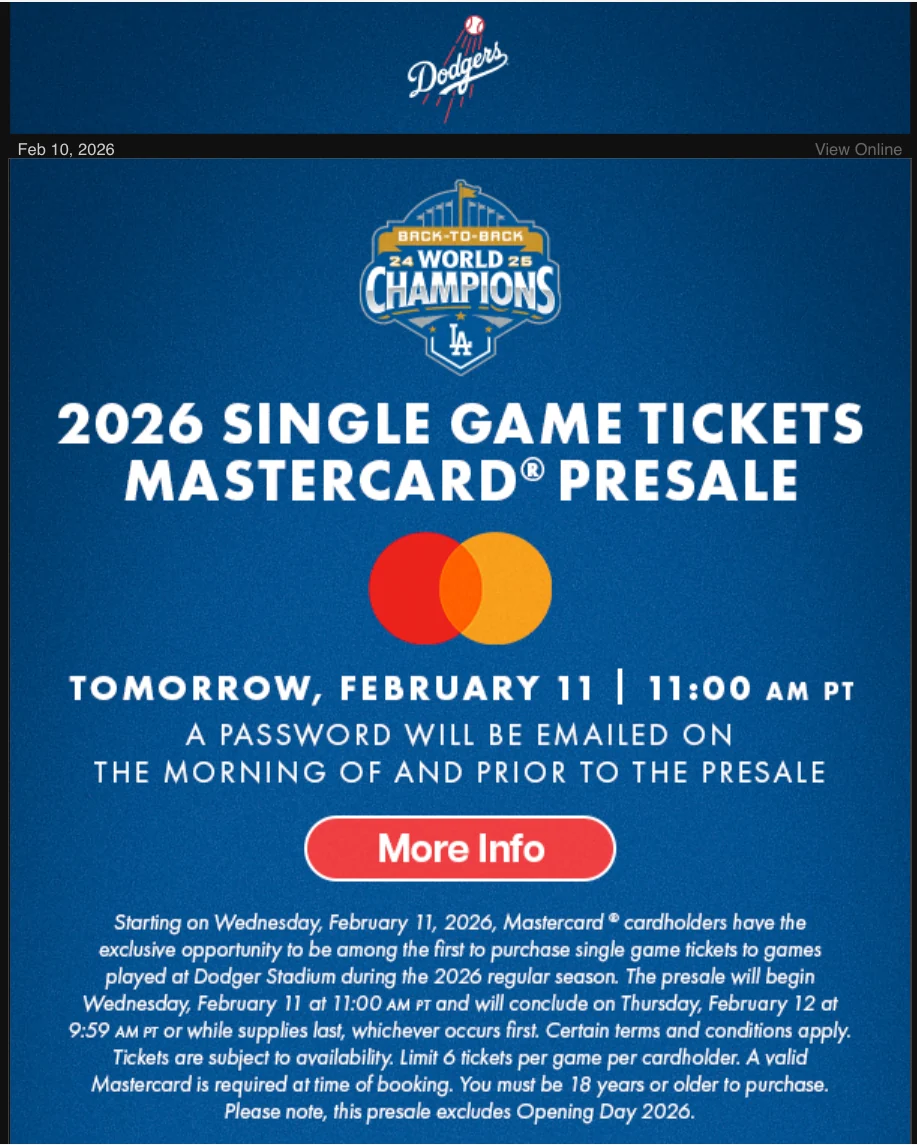 ドジャース2026年通常シーズンのMastercard先行販売を案内する公式メール