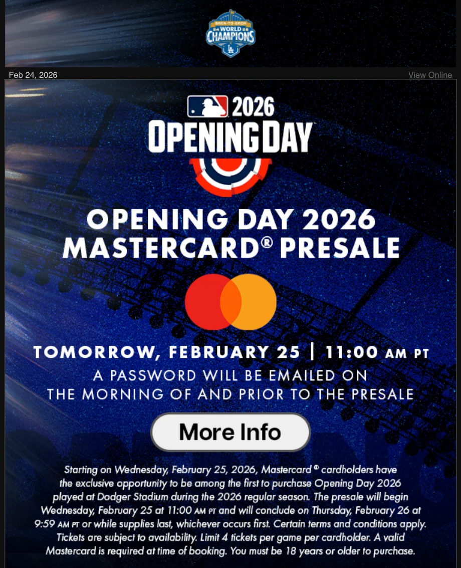 2026年ドジャース開幕戦のMastercard先行販売を案内する公式メール