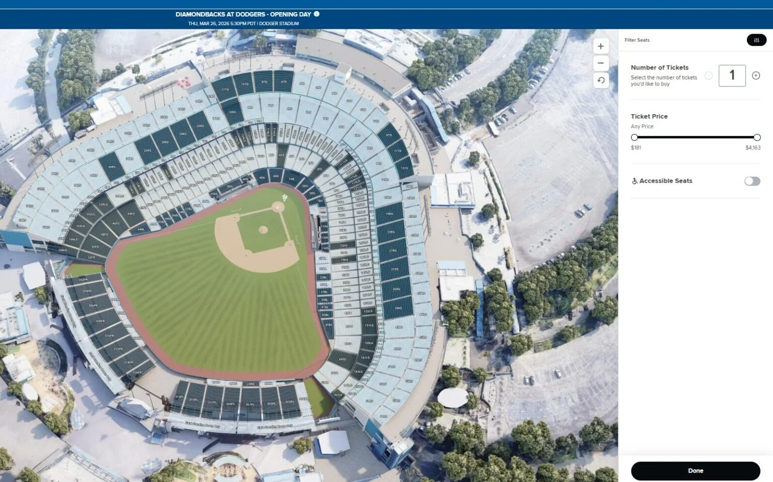 2026年ドジャースOpening Day一般販売時のDodger Stadium座席マップ