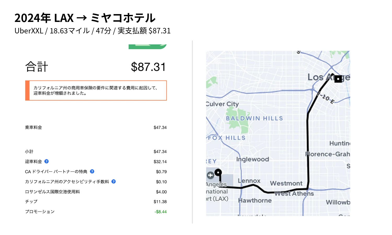 2024年にLAXからミヤコホテルまでUberXXLで移動した匿名化済み領収書と走行地図