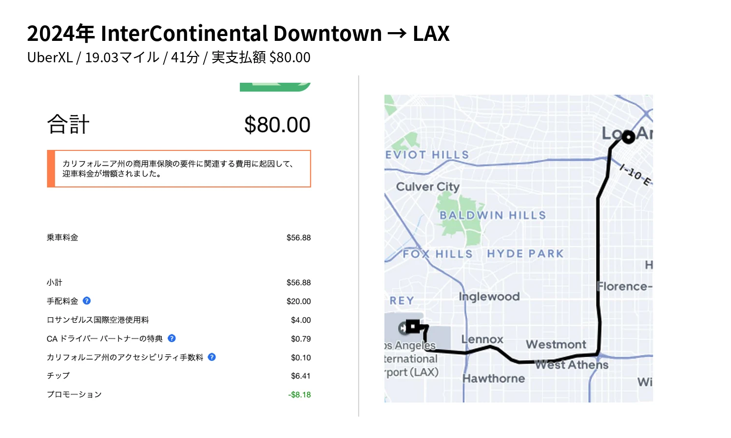 2024年にInterContinental Los Angeles DowntownからLAXまでUberXLで移動した匿名化済み領収書と走行地図