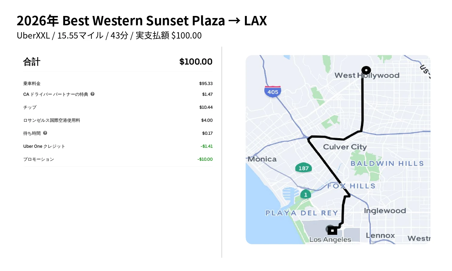 2026年にBest Western Plus Sunset PlazaからLAXまでUberXXLで移動した匿名化済み領収書と走行地図