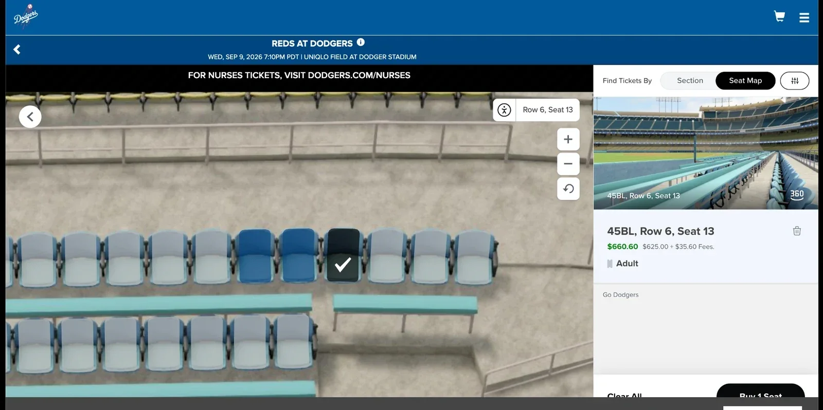 ドジャース公式サイトで表示された別試合の45BL Row 6 Seat 13の660.60ドル