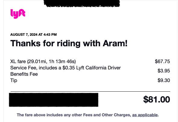 帰路ではなく、そのまま球場へ。Lyft XLはチップ込み81ドルでした。