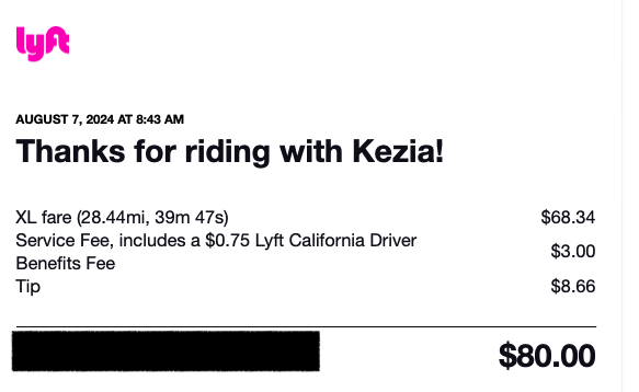 家族5人でLyft XLを利用。チップ込みの実支払額は80ドルでした。
