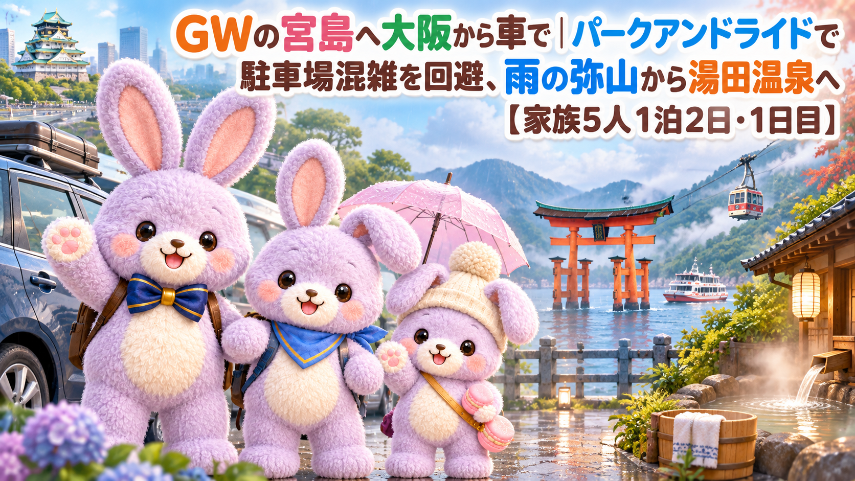 GWの宮島へ大阪から車で|パークアンドライドで駐車場混雑を回避、雨の弥山から湯田温泉へ【家族5人1泊2日・1日目】
