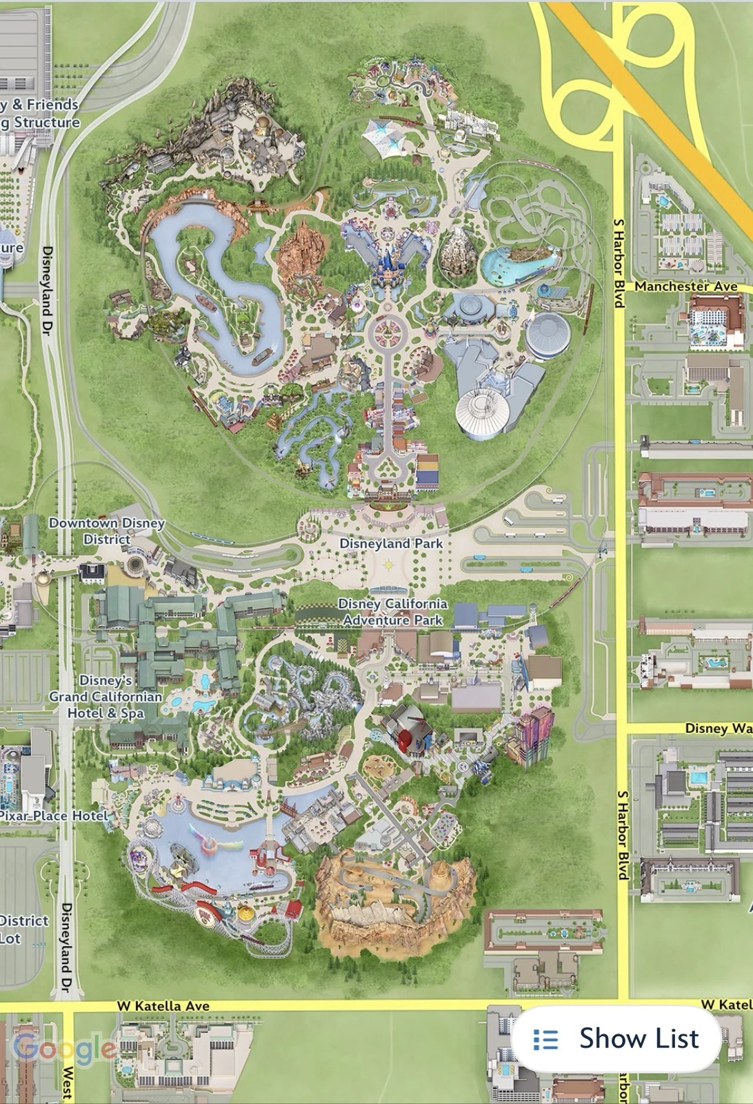 Disneyland ResortのDisneyland ParkとDisney California Adventure Parkの位置関係が分かる全体マップ