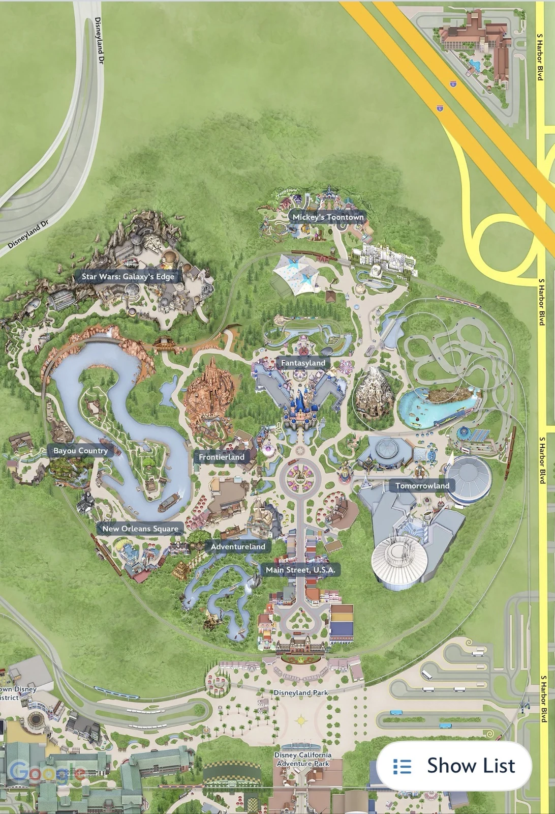 Disneyland Parkの各エリアとStar Wars Galaxy's Edgeの位置が分かるパークマップ