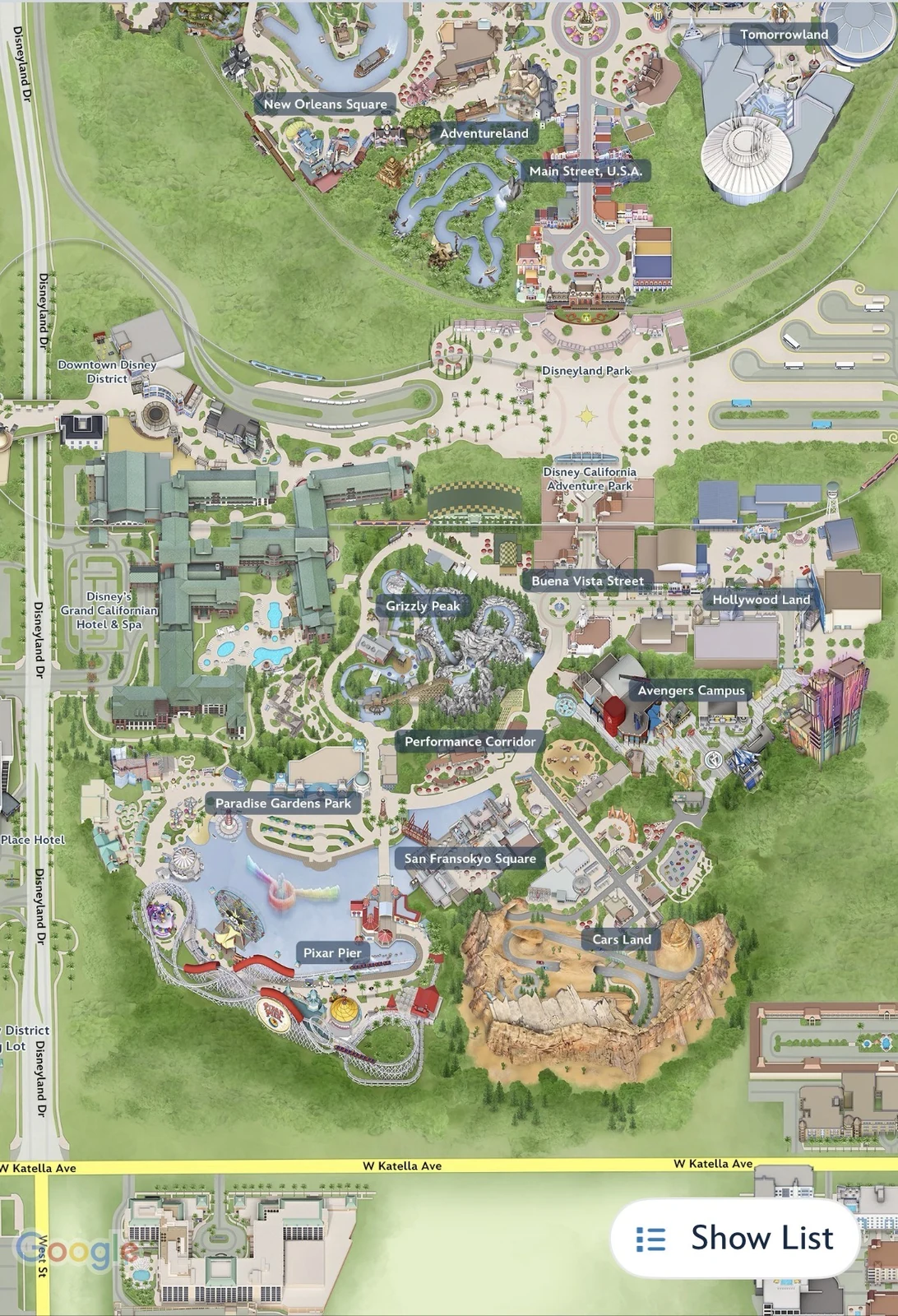 Disney California Adventure ParkのCars LandやAvengers Campusなど各エリアが分かるマップ