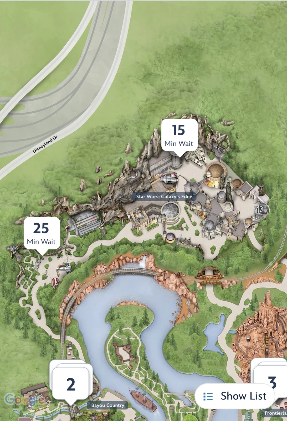 Disneyland公式アプリでStar Wars Galaxy's Edge周辺の待ち時間を表示した画面