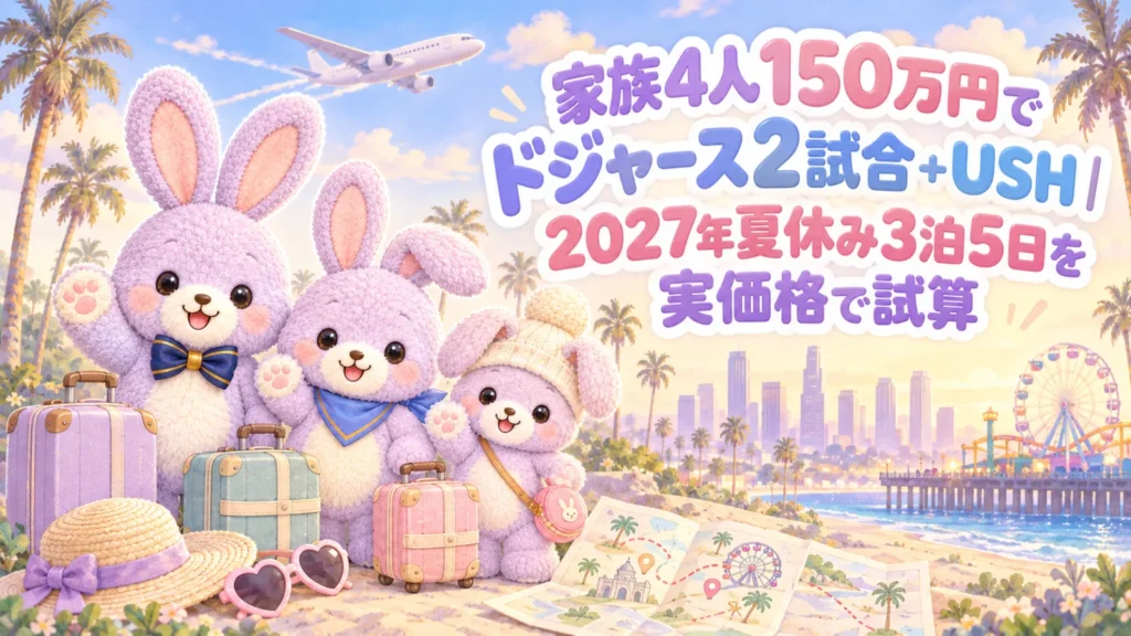 家族4人150万円でドジャース2試合とUSHを楽しむ2027年夏休み3泊5日プランのアイキャッチ。うさ3きょうだいのイラスト