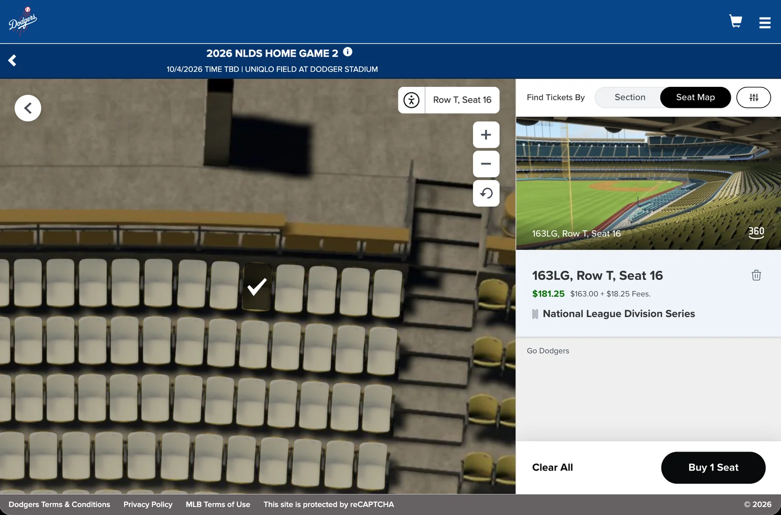 ドジャース公式チケットサイトでNLDSホーム第2戦の163LG T列を選んだ画面。手数料込み181.25ドル