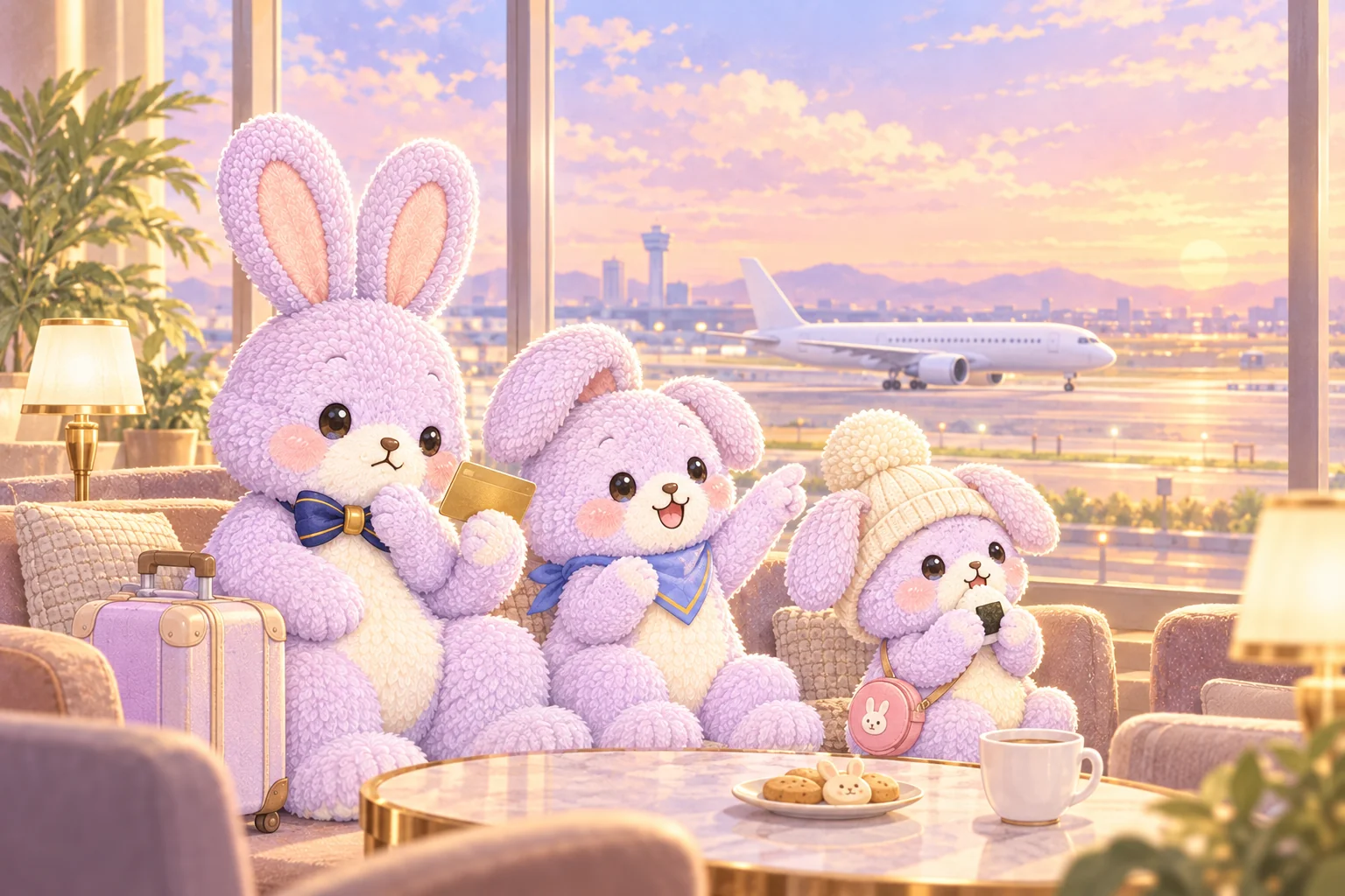 空港ラウンジで、飛行機を眺めながら金色のカードを見つめるうさ3きょうだい