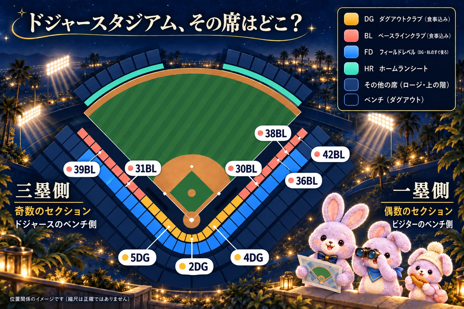 ドジャースタジアムの席の場所マップ。ダグアウトクラブ（DG）はホーム裏、ベースラインクラブ（BL）はベンチの先のライン沿い、奇数は三塁側・偶数は一塁側